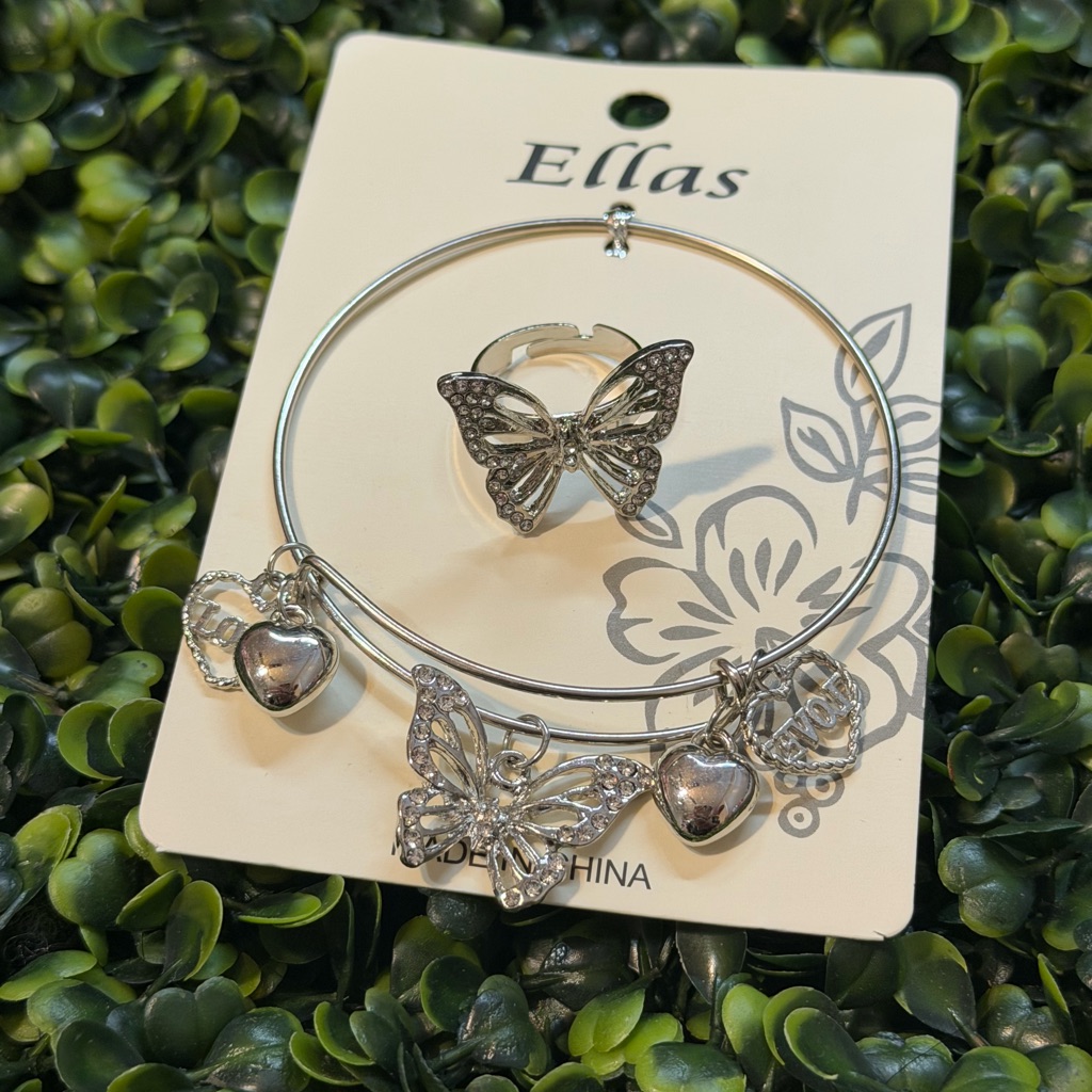 Ella Silver Butterfly Charm Bracelet And Adjustable Ring Set
